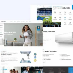 Kompozycja strony internetowej z wizerunkiem uśmiechniętej kobiety słuchającej muzyki na słuchawkach, prezentująca klimatyzator Midea i inne produkty firmy, z nagłówkami w języku polskim.