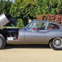 Szary Jaguar E-Type z otwartą maską i drzwiami typu 'gull-wing', ukazujący odrestaurowane wnętrze i silnik, na tle zieleni.