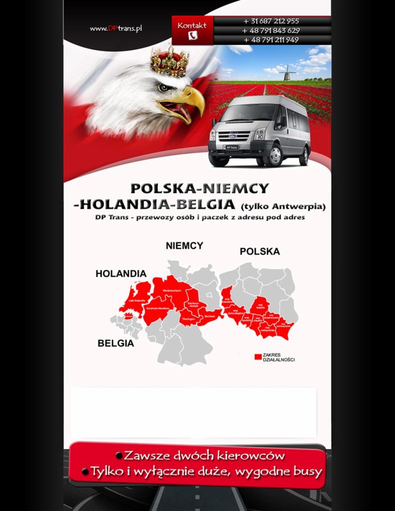 Grafika reklamowa DP Trans: przewozy osób i paczek Polska-Niemcy-Holandia-Belgia (Antwerpia). Mapa z zakresem działalności, bus, orzeł w koronie.