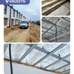 Smart Budownictwo sp. z o.o. sp. k. - Nowoczesne budownictwo w Kruszynie: domy w zabudowie szeregowej, ocieplone poddasze pianką PUR z widoczną konstrukcją i izolacją, firmowy bus na placu budowy.