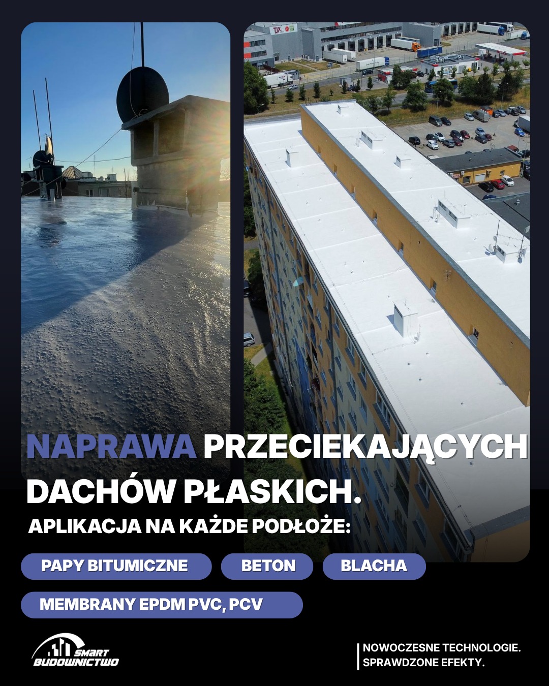 Błyszcząca, jasnoszara powłoka na dachu płaskim budynku po renowacji, z widocznymi elementami konstrukcyjnymi i antenami. Ujęcie z góry, w słoneczny dzień.
