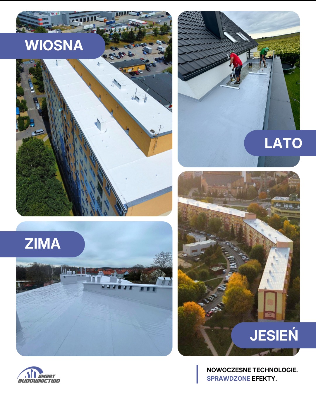 Cztery pory roku na dachu bloku po hydroizolacji: wiosna, lato - prace w toku, jesień, zima. Nowoczesne technologie, sprawdzone efekty.