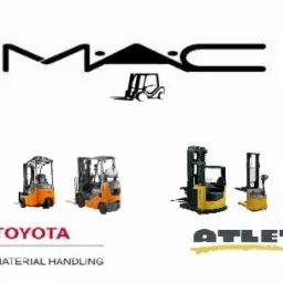 Kompozycja graficzna prezentująca różne modele wózków widłowych i paletowych od marek Toyota i Atlet, z umieszczonym centralnie logo MAC oraz graficzną reprezentacją wózka widłowego.