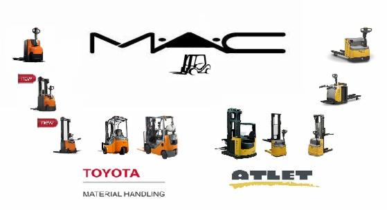 Kompozycja graficzna prezentująca różne modele wózków widłowych i paletowych od marek Toyota i Atlet, z umieszczonym centralnie logo MAC oraz graficzną reprezentacją wózka widłowego.