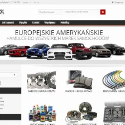 Ekran sklepu internetowego z częściami samochodowymi, prezentujący hamulce, klocki, przewody, płyny i zestawy hamulcowe oraz narzędzia, z ofertą hamulców do europejskich i amerykańskich marek...