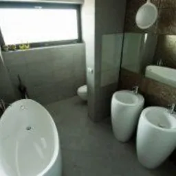 Nowoczesna łazienka z wolnostojącą wanną i umywalkami na postumentach, szara kolorystyka, okno, lustro. Minimalistyczny design, oświetlenie punktowe.