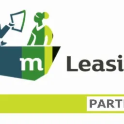Graficzne logo firmy z sylwetkami dwóch osób, mężczyzny trzymającego dokument i kobiety, obok napis 'Leasing' i informacja 'Partner'.