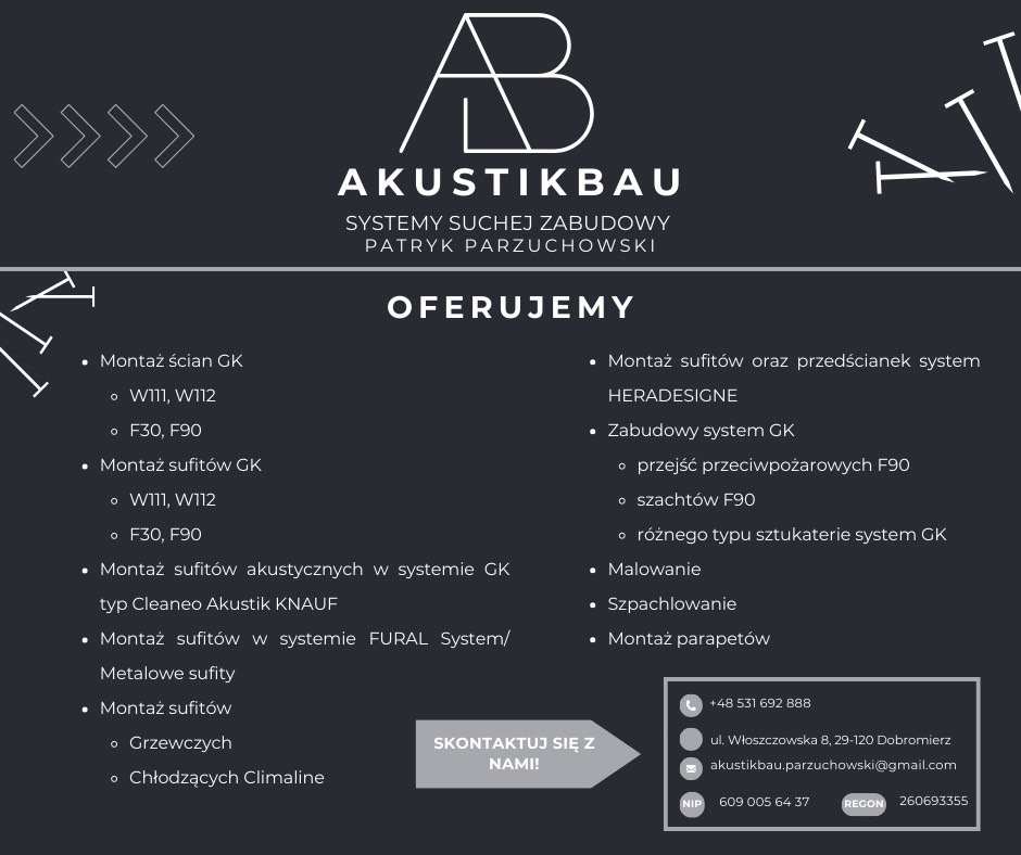 Grafika reklamowa firmy Akustikbau oferującej systemy suchej zabudowy, w tym montaż ścian i sufitów, zabudowy systemowe, malowanie i szpachlowanie.