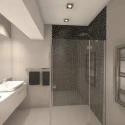 Nowoczesna łazienka z kabiną prysznicową wyłożoną mozaiką, podwójną umywalką na białym blacie i grzejnikiem drabinkowym w chromowanej ramie.