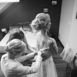 Panna młoda w sukni z koronkowymi aplikacjami, zapinana przez dwie kobiety w pokoju z łóżkiem i ciemną ścianą w tle.