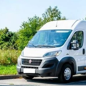 Biały samochód dostawczy marki Fiat Ducato na tle zieleni, zaparkowany w słoneczny dzień.