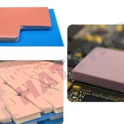 Hat-Trick Janusz Płonka - Różowe podkładki termiczne o różnych kształtach, umieszczone na niebieskiej macie i na płycie głównej, ukazujące precyzję dopasowania i zastosowanie.