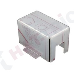 Hat-Trick Janusz Płonka - Przezroczysta osłona z nadrukiem słońca i deszczu, wykonana z tworzywa sztucznego. Detal z widocznym mocowaniem. Produkt gotowy do użycia, na białym tle.