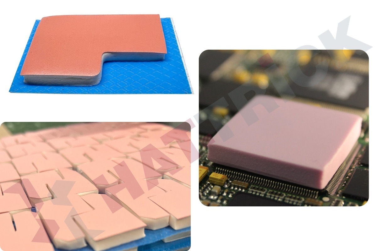 Różowe podkładki termiczne o różnych kształtach, umieszczone na niebieskiej macie i na płycie głównej, ukazujące precyzję dopasowania i zastosowanie.