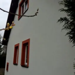 Elewacja domu z oknami w pomarańczowych ramach, widok z boku, z fragmentem gałęzi na pierwszym planie i iglakiem po prawej stronie. Tynk o fakturze baranka.