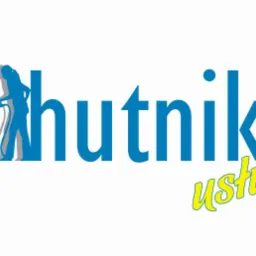 Logo firmy sprzątającej z sylwetką osoby z odkurzaczem. Nazwa firmy 'Hutnik usługi' w kolorach niebieskim i żółtym na białym tle.