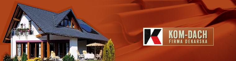 Dom z ciemną dachówką i balkonem, w tle zbliżenie na dachówkę i logo firmy dekarskiej na pomarańczowym tle. Widoczne okna dachowe i meble ogrodowe.
