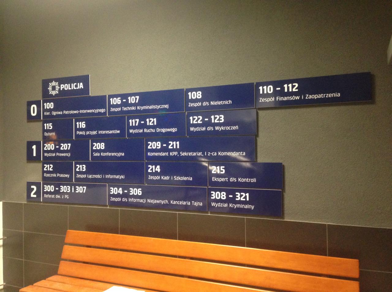 Tablica informacyjna z niebieskimi tabliczkami wskazującymi numery i nazwy komórek organizacyjnych Policji, zamontowana na szarej ścianie nad drewnianą ławką.