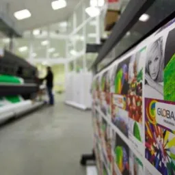 Druk wielkoformatowy: wydruki z motywem papugi, portretu kobiety i logo firmy Globart Print. W tle maszyna drukarska i pracownik w hali drukarni.