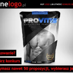 Wizualizacja opakowania suplementu diety Provitis Whey Elite Platinum o smaku toffi, z grafiką muskularnego mężczyzny na czarno-białym tle z geometrycznym wzorem, akcenty w kolorze niebieskim...