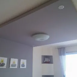 Podwieszany sufit w odcieniach szarości z oświetleniem punktowym i centralną lampą. Na ścianie trzy obrazy z motywem kwiatowym.