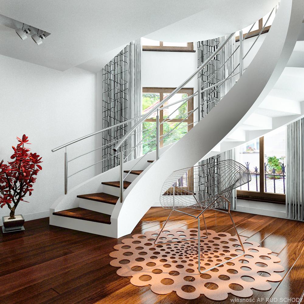 Spiralne schody z drewnianymi stopniami i metalową balustradą, oświetlone naturalnym światłem w nowoczesnym wnętrzu z drewnianą podłogą i dekoracyjnym dywanem.