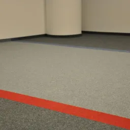 Wykładzina dywanowa w biurze z szarą strefą przejściową i czerwoną linią akcentującą, widoczny fragment kolumny i listwy przypodłogowe.