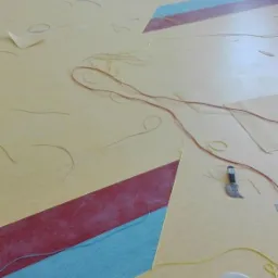 Fragment podłogi z beżową okładziną, kolorowe pasy (czerwony, niebieski) w trakcie montażu, widoczne narzędzia i szpulki z nitkami do łączenia elementów.