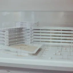 Architektoniczna makieta nowoczesnego budynku biurowego z przeszkloną fasadą, otoczona miniaturowymi drzewami, prezentowana pod przezroczystą osłoną.