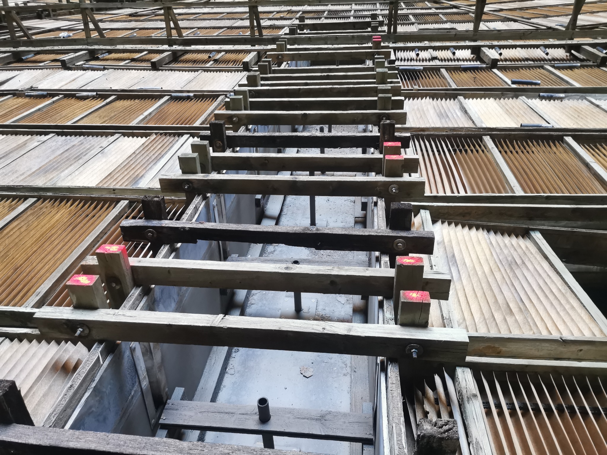 Wnętrze budowanej hali z widoczną konstrukcją stalową i drewnianym rusztowaniem, ujęcie od dołu.