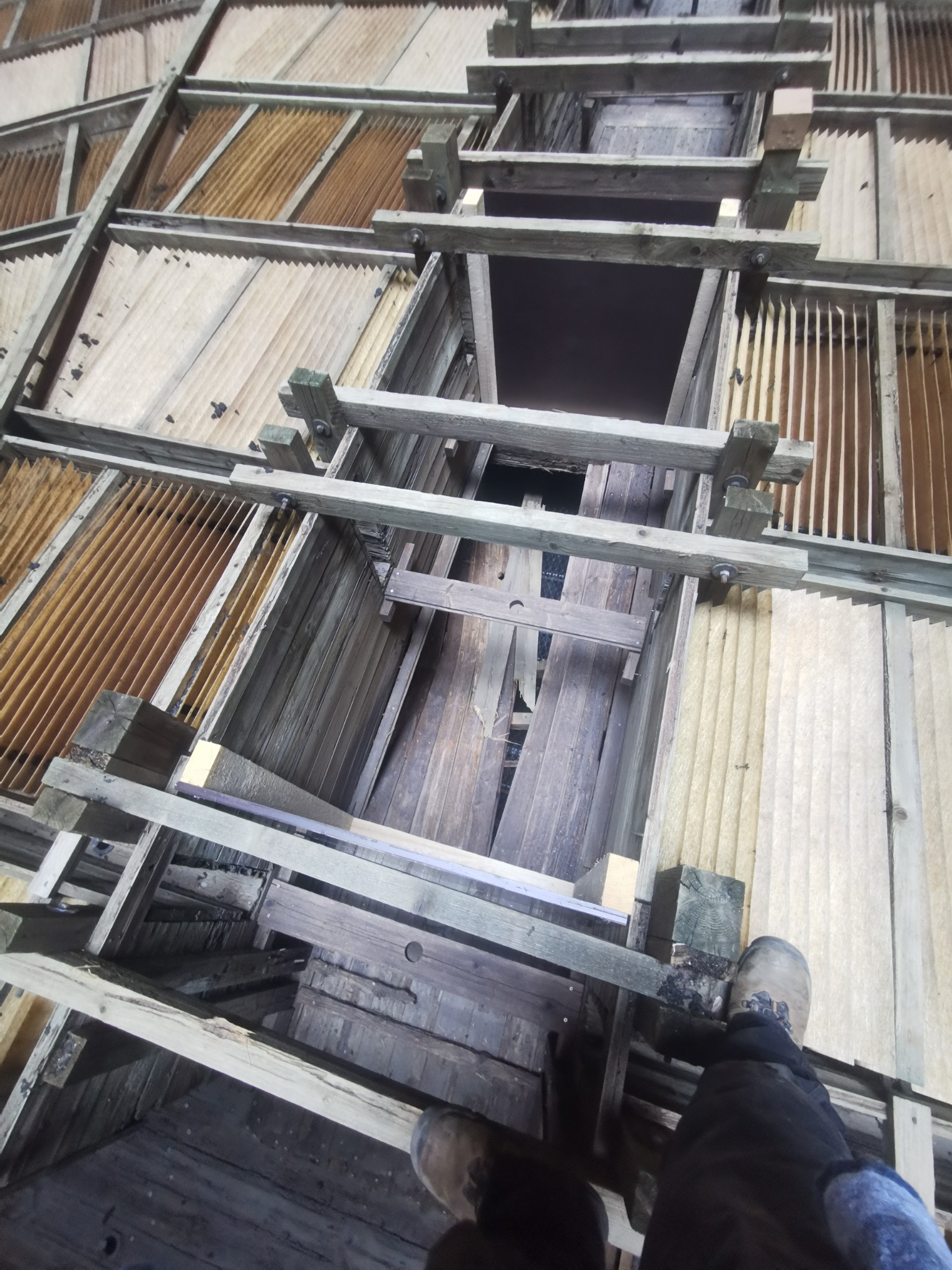 Widok z góry na konstrukcję dachu hali w trakcie budowy, z widocznymi elementami drewnianymi i fragmentem obuwia osoby pracującej.