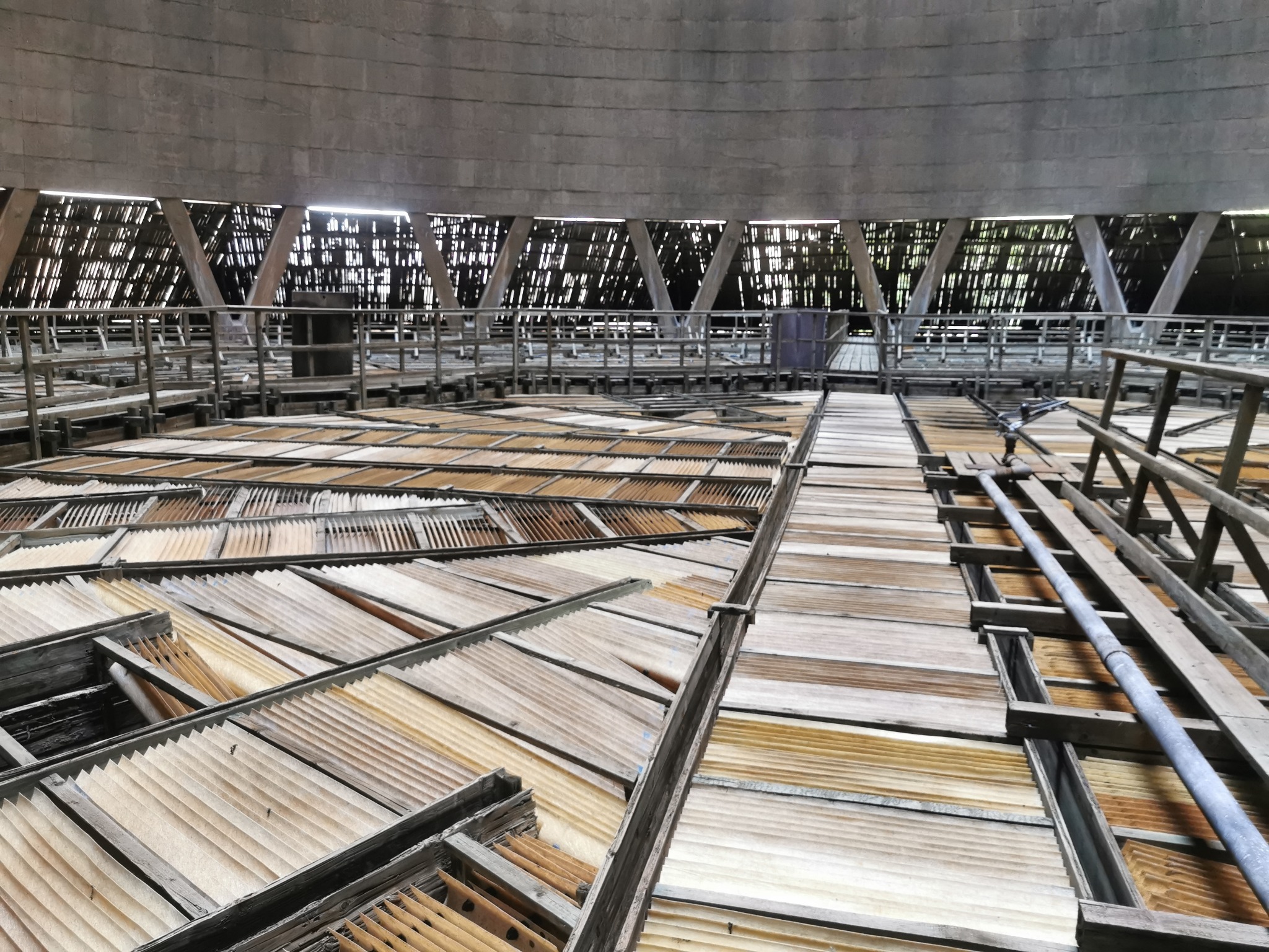 Wnętrze chłodni kominowej w trakcie konserwacji, widoczne drewniane wypełnienie i stalowe konstrukcje wsporcze podświetlone naturalnym światłem z góry.