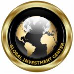 Złote logo Global Investment Center z mapą świata w czarnym okręgu na białym tle.