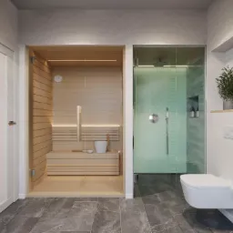 Nowoczesna łazienka z sauną i kabiną prysznicową, marmurowe płytki podłogowe, wisząca toaleta, rośliny doniczkowe na półce.