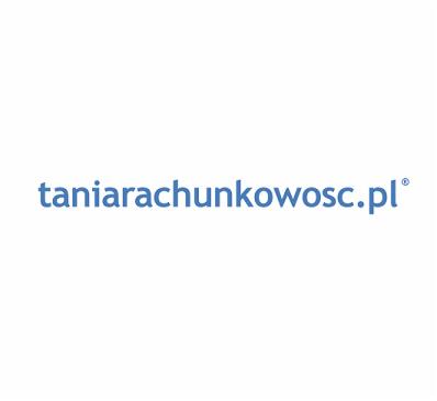 Jasnoniebieski adres strony internetowej na białym tle. Usługi rachunkowe w Warszawie - taniarachunkowosc.pl