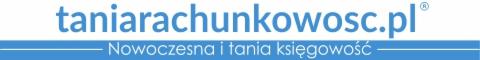 Jasnoniebieskie logo z adresem strony 'taniarachunkowosc.pl' nad hasłem 'Nowoczesna i tania księgowość' na błękitnym tle.