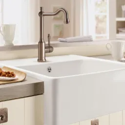 Biała, ceramiczna umywalka kuchenna w stylu farmhouse z miedzianą baterią, uzupełniona dekoracyjnymi babeczkami i filiżankami na blacie.