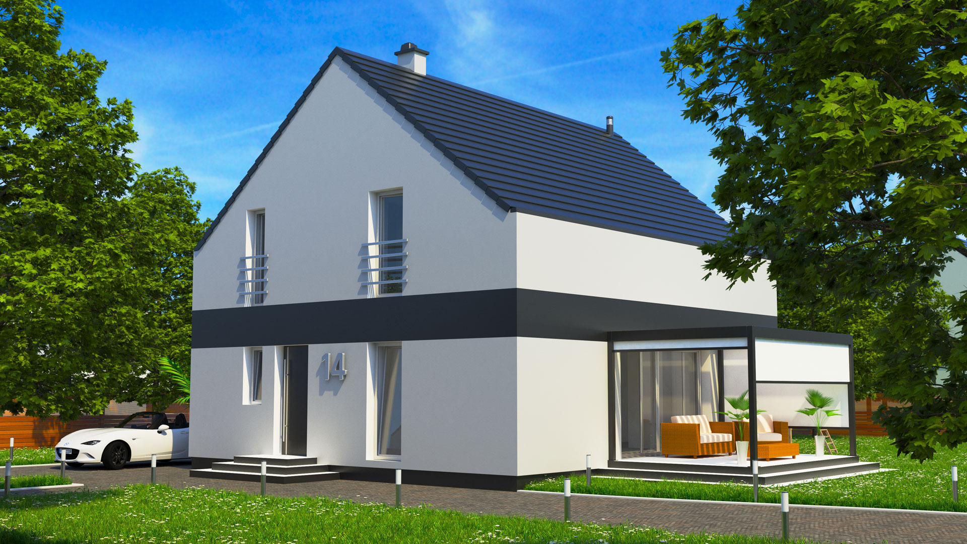 Wizualizacja nowoczesnego domu z dwuspadowym dachem, białymi ścianami z ciemnoszarym pasem, przeszklonym tarasem i białym sportowym samochodem zaparkowanym obok.