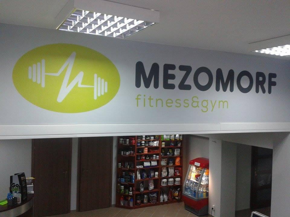 Wnętrze siłowni z widocznym logo 'MEZOMORF fitness&gym' na ścianie, składające się z grafiki ciężarka połączonego z linią EKG w żółtej elipsie oraz czarnego napisu.