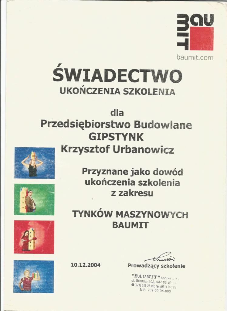 Świadectwo Ukończenia Szkolenia Tynków Maszynowych