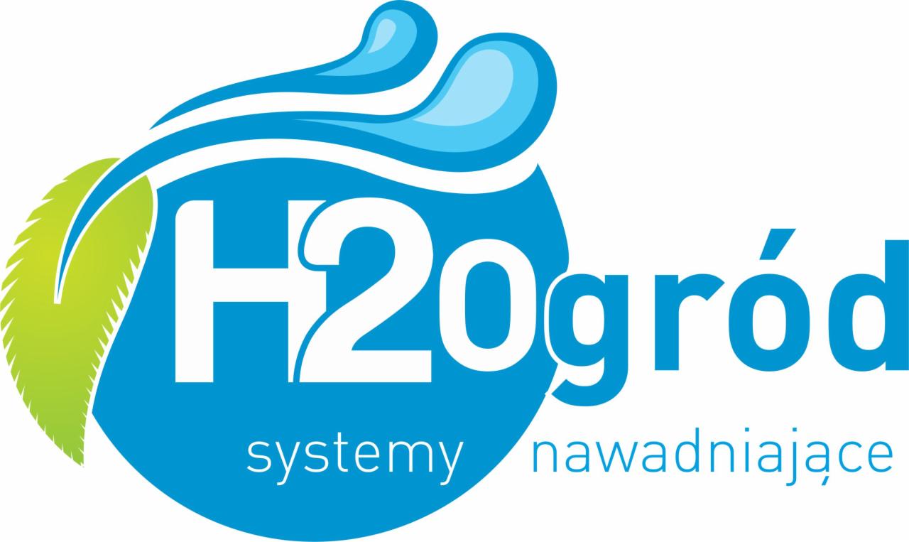 Niebiesko-białe logo firmy H2Ogród z zielonym liściem i stylizowanymi kroplami wody, oferującej systemy nawadniające. Minimalistyczny design na białym tle.