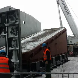 Montaż modułowej konstrukcji stalowej z użyciem dźwigu, pracownicy w kaskach i kamizelkach odblaskowych, fragmenty konstrukcji pokryte śniegiem.