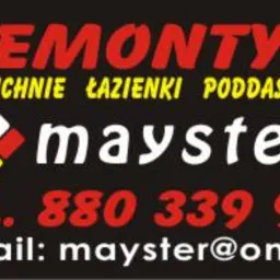 Czarno-żółto-czerwony baner z napisem 'Remonty!' i hasłami 'Kuchnie, Łazienki, Poddasza', logo i danymi kontaktowymi firmy 'Mayster' na czarnym tle.