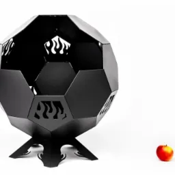 Nowoczesny, geometryczny palenisko ogrodowe w kształcie kuli, wykonane z czarnego metalu, z wyciętymi motywami płomieni, stojące na trzech nogach, obok leży czerwone jabłko na białym tle.