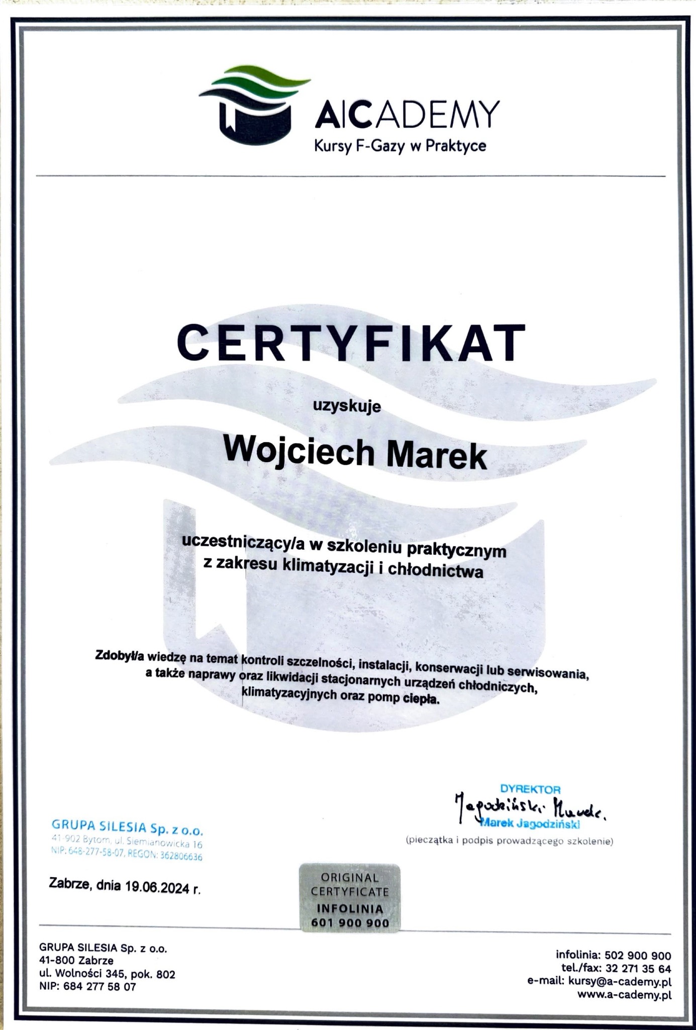 Skan certyfikatu ukończenia szkolenia z zakresu klimatyzacji i chłodnictwa, wydanego przez AICADEMY dla Wojciecha Marka, z datą 19.06.2024, podpisany przez Dyrektora Marka Jagodzińskiego.