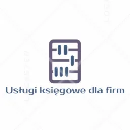 Grafika przedstawia stylizowany abakus w kolorze fioletowym oraz napis 'Usługi księgowe dla firm' na jasnym tle z subtelnym wzorem rombów.