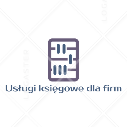 Grafika przedstawia stylizowany abakus w kolorze fioletowym oraz napis 'Usługi księgowe dla firm' na jasnym tle z subtelnym wzorem rombów.