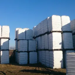 Stosy białych, foliowanych worków z pelletem ułożone na paletach pod błękitnym niebem. Widoczny plac składowy i palety z boku kadru.