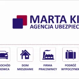 Logo agencji ubezpieczeniowej Marta Kieler z ikonami: samochód, dom, firma, walizka, serce, symbolizującymi zakres usług.