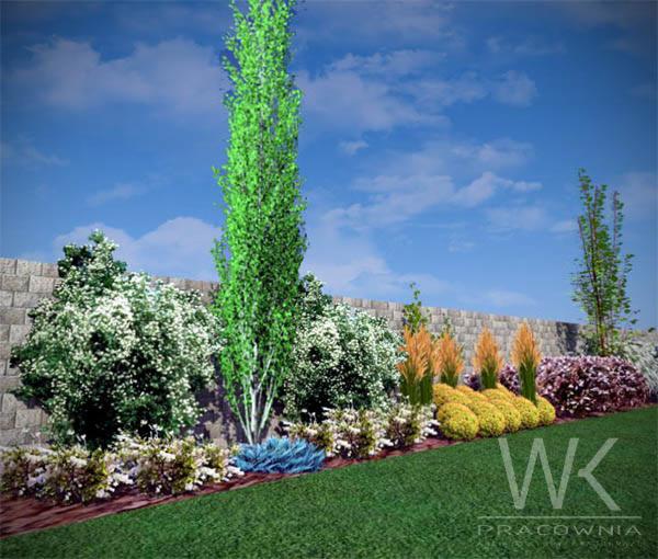 Wizualizacja ogrodu z murem oporowym, różnorodną roślinnością i trawnikiem. Wysokie drzewo o smukłym pokroju dominuje w kompozycji. Widoczne logo firmy.